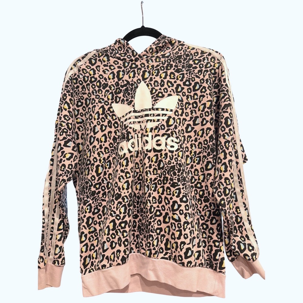 Adidas Originals Girls Leopard Print Hoodie Pink Trefoil Logo Pullover XL 14-15Y